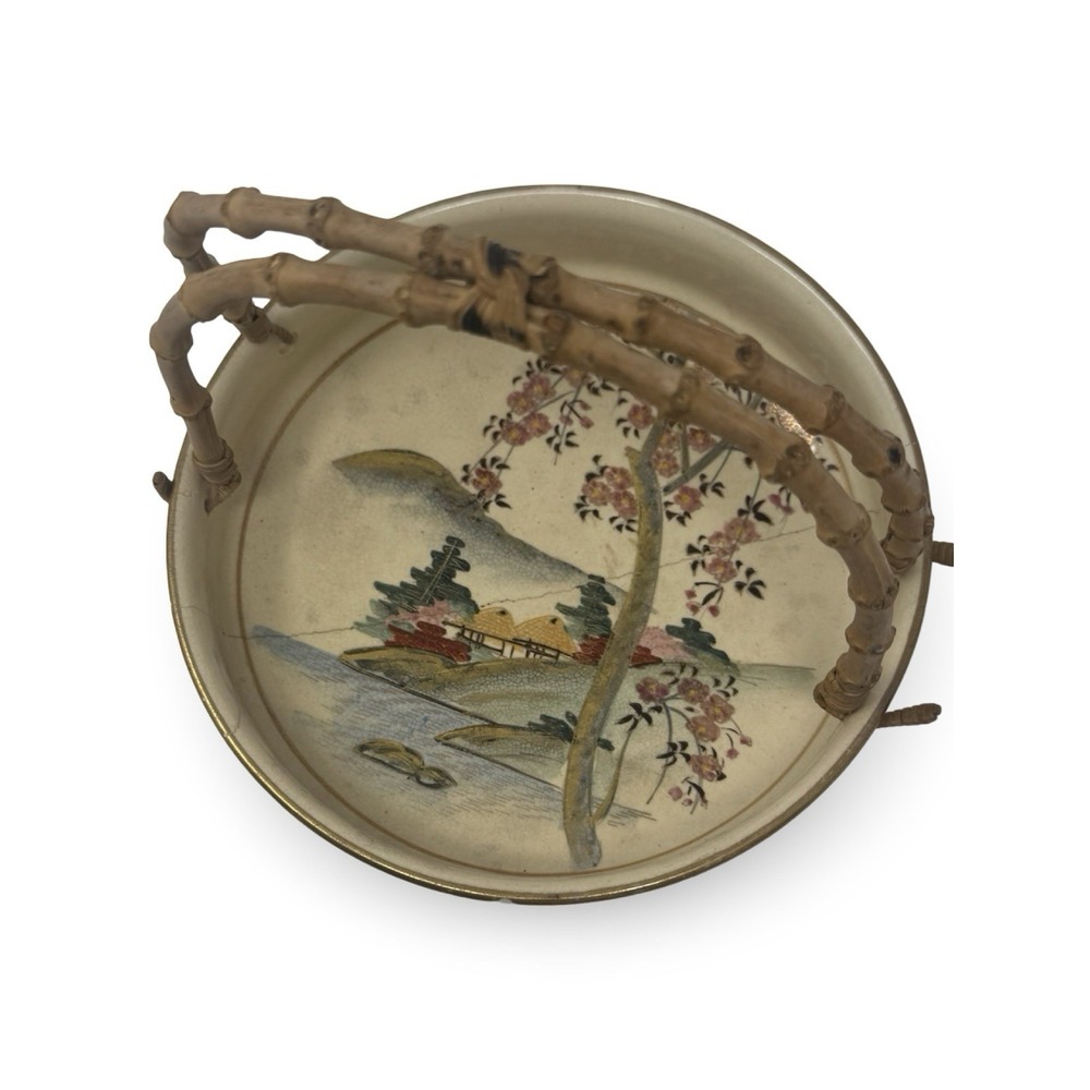 VTG Hand Painted Fine China Japanese Candy Dish with Bamboo Handles Decor READ